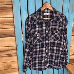 Wrangler Wrancher western pearl snap Black and Blue Plaid Shirt size large men’s